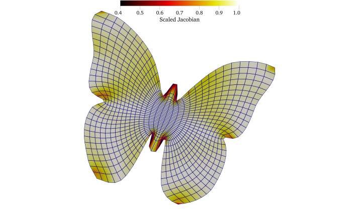 Scaled-Jacobian quality field of an analysis-suitable spline parameterization of a butterfly-shaped domain