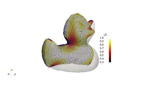 Trivariate volumetric spline parameterization of a duck-shaped solid with quality colouring
